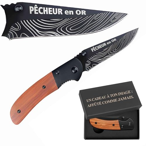Planetee Couteau PÊCHEUR en OR | Canif | Couteau pliant | Travail Départ Retraite | Boîte de rangement | Idée Cadeau Noël Papa Anniversaire