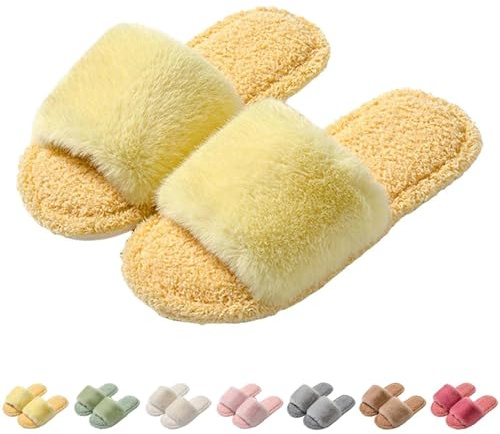 Damen-Plüsch-Hausschuhe, offener Zehenbereich, gemütlich, warm, bequem, unisex, flauschige Pantoffeln, offener Zehenbereich, Hausschuhe, flache Unterseite, Hausschieber, gelb, 39 EU