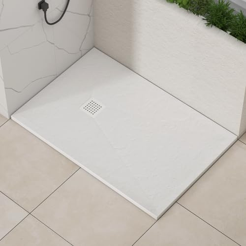 Luxor Rectangular 900 x 700 x 30mm White Slate Effect Stone Shower Tray Slip-Resistance for Shower Enclosure with White Cover Grate