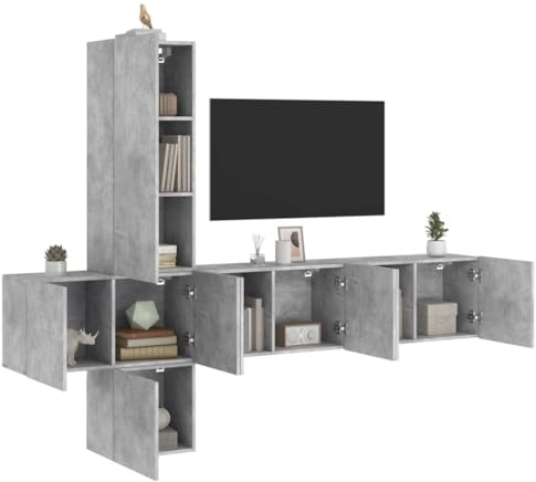 Owoxanthellate 5-teilige Wohnwand in Betongrau aus Holzwerkstoff 250 x 40 x 102 cm Wandmontage TV Sideboard Moderne Optik Reichlich Stauraum für Wohnzimmer Flur Schlafzimmer