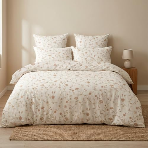 AShanlan Bettwäsche 135x200 Blumen Bettbezug und Kissenbezug 80x80 cm Beige | ÖKO-TEX Bettwäsche-Sets, Weich Microfaser, Vintage Floral Pflanzen Bettwäsche mit Reißverschluss