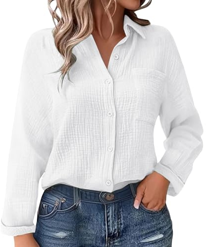 Chemise boutonnée en Gaze de Coton pour Femme – Chemisier texturé froissé à Manches Longues avec Poche, Haut léger et décontracté pour l'été et la Superposition