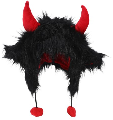 LIGIGWASH Warme Halloween Cosplay Mütze mit Kuhhörnern und Ohrenschutz Skimütze für Damen Weicher Winterhut für Outdoor und Partyaktivitäten