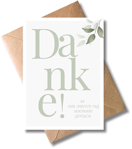 WBdesignz 10er-Set Dankeskarten Hochzeit „Danke! Ihr habt unseren Tag besonders gemacht“ mit Umschlägen - elegante Karten mit grünem Blattmotiv - perfekte Dankeskarte für Hochzeitsgäste (DIN A6)