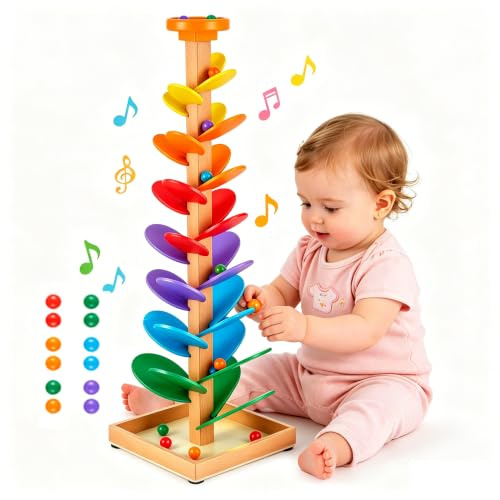Montessori Sound Tree, 73CM Wooden Rainbow Musical Tree with 12 Colorful Balls, 6 Colorful Singing Tower Rolling Ball Drop Toy, Cause & Effect Montessori Sensory STEM Toy Gift for Kids 3+