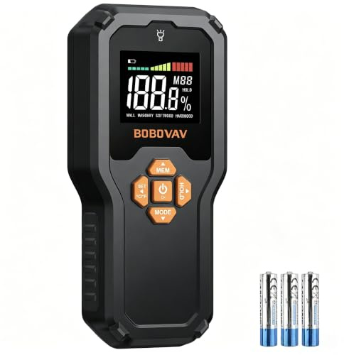BOBOVAV Pinless Moisture Meter with Data Memory & Custom Warning Threshold | Non Destructive, 19 MM Sensing Depth, ±4% Accuracy, Data Hold, Sound & Light Alarm, Flashlight for Wood, Wall & Masonry