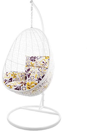 Kideo Komplettset: Hängesessel mit Gestell & Kissen, Korbsessel, Poly-Rattan (Gestell- und Korbfarbe: weiß, Kissen: Blumenmuster Nest (1085_Flower_Love))
