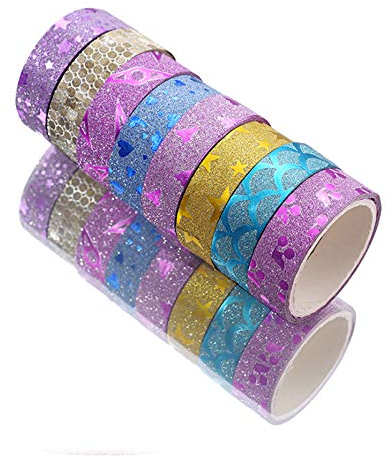 10 Rollen mehrfarbiges Glitzer-Klebeband, buntes Abdeckband, glitzerndes Deko-Klebeband für Festival-Dekoration, Scrapbooking, Basteln, 1,5 x 300 cm, mit Mustern