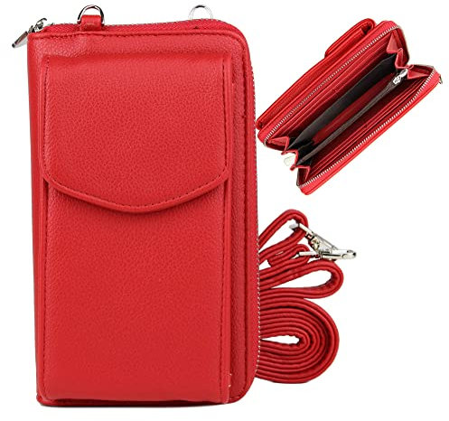 irisaa Geldbörse Damen mit Handyfach, RFID Schutz und Viele Kartenfächer, Crossbody Handytasche mit Geldbeutel Kleine Umhängetasche mit Verstellbarem Schultergurt, Damen Tasche:weich-rot