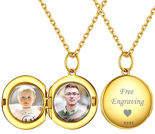 ChicSilver goldener Runde Medaillon Anhänger mit Foto Gravur Photo Amulett mit 2 Bild Liebes Medaillon Halskette mit Ihr Wunschgravur für Verlorbte Familien