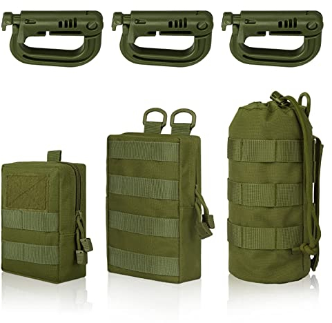 EEEKit Tactical Water Bottle Bag, 3 Pack Hiking Waist Packs, EDC Utility Molle Pouches with 3 Carabiners for Outdoor Hunting Training Camping