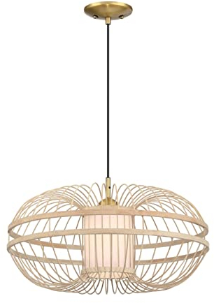 Westinghouse Lighting 6125540 Moderne einflammige Pendelleuchte Tulcea Innenbereiche,Ausführung in gebürstetem Messing,Lampenschirm aus Bambus und Milchglas, Gebürstetes Messing