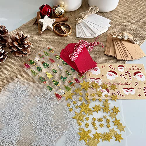 Oblique Unique® Weihnachtsdeko Set für Geschenke zum Dekorieren mit Schneeflocken Sterne Tannenbäume Sticker + Geschenkanhänger für Advent Deko Basteln