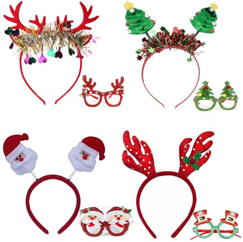 AOMAIGAD Weihnachtsstirnband und Weihnachtsbrillen-Set,4Stück Weihnachten Haarreifen und 4Stück Weihnachten Brillen,Weihnachten Stirnbänder Weihnachten Brille,Haarschmuck für Weihnachtsfeiern Cosplay