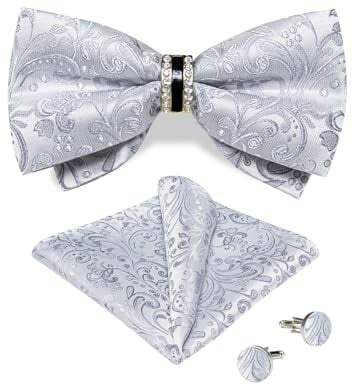 DiBanGu Männer Silber Fliege für Hochzeit Party Quadratische Manschettenknöpfe Seide Paisley Vorgebunden Fliege mit Diamantring