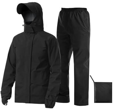 iCreek Rain Suit Waterproof Jacket with Pants 2 Pieces Breathable Lightweight Packable Raincoat with Hooded Rain Gear Unisex(L, Black)