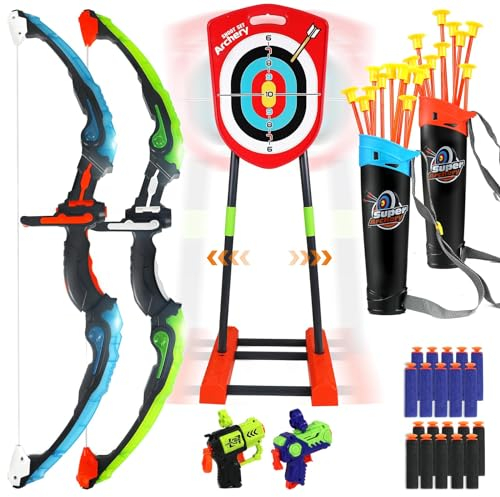 Bogenschießen Set Pfeil und Bogen Kinder mit LED-Leuchten,2 Bogen, 1 Stehender Zielscheibe, 2 Schaumstoff-Pfeilpistolen, 20 Saugnapfpfeilen, 2 Köchern, Spiele für ab 4 5 6 7 8-12 Junge Mädchen