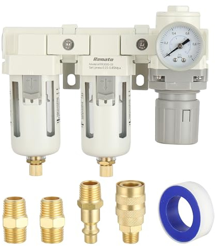 3/8 NPT Three Stage Air Drying System - 0.01 Micron Particulate Filter Air Pressure Regulator Combo - 0-125psi Gauge, Semi-Auto Drain, Metal Bracket