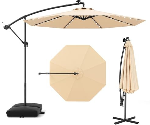 COSTWAY 3M Cantilever Garden Parasol, Hanging Offset Umbrella with 40 LED Lights, Solar Panel Batteries & Sand Bag, Outdoor Water-proof Canopy Sunshade Shelter for Patio Balcony (Beige)