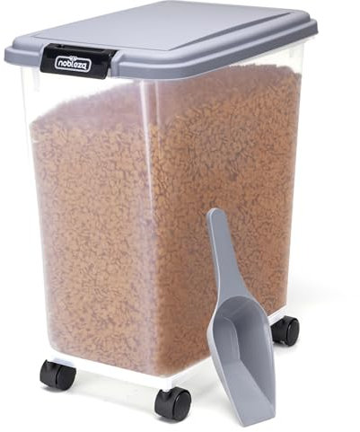 Nobleza - Contenedor de Comida para Mascotas 30L, Mascotas Caja de Alimentos con Ruedas Contenedor, Tapa abatible, hermética, Transparente, Ruedas y Pala, para Comida para Perros y Gatos, Gris