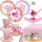 Tea Party Supplies Floral Party Dinnerware Gold Foil 12 Sets Pink Decorations Paper Tea Cups and Saucers Plates Napkins Tablecloth Kids Adults