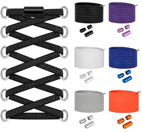 Widamin 6 Paar Schnürsenkel Ohne Binden, Elastische Schnürsenkel mit Metallkapsel, Faule Schnürsenkel, Kinder und ältere Menschen, Schwarz, Weiß, grau,Lila,orange,blau