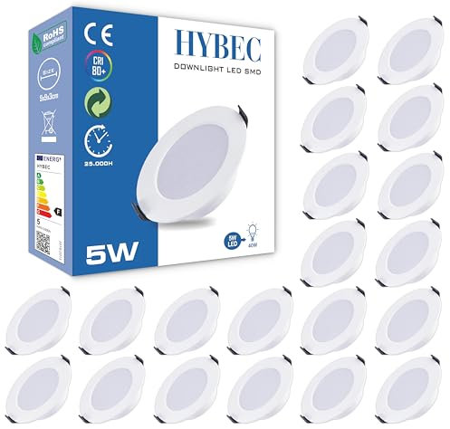 HYBEC - Spot LED Encastrable 68mm, Spot LED Encastrable Trou 60mm, Spot LED Encastrable 60mm, 55mm spot, Petit Spot LED encastrable, Spot LED Encastrable 5W Blanc, Spot LED Diamètre 60 mm (Pack 20)