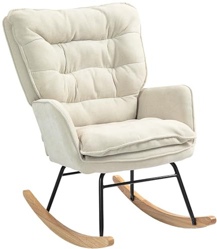 HOMCOM Mecedora Tapizada en Chenilla Silla Mecedora con Patas de Madera de Haya y Reposabrazos Mecedora para Lactancia Carga 120 kg para Dormitorio Salón Beige