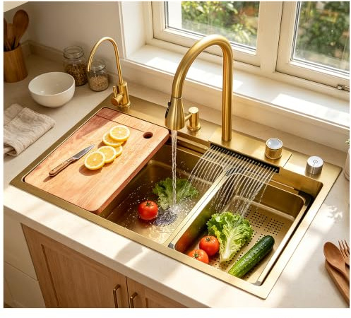 Fregadero de cocina dorado de 75 cm, fregadero de cocina de acero inoxidable, fregadero con grifo extraíble y ajustable, juego completo de fregadero de cocina, fregadero empotrado de cascada
