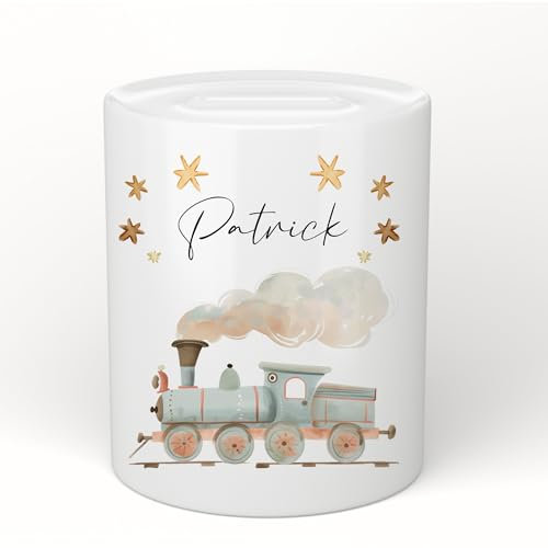 Manufaktur Liebevoll Spardose mit Namen Personalisierte Spardose Kinder Geschenk Baby Mädchen Junge Sparschwein Eisenbahn