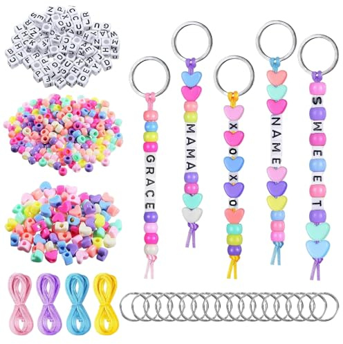 VIDSTW 566 Stück Perlen für Schlüsselanhänger Selber Machen Set | Farbenfroh Schlüsselanhänger Basteln Bead Keyring Making Kit Inklusive Kordel DIY Anhänger Basteln für Bastelarbeiten