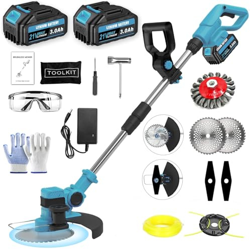 Akku Rasentrimmer mit Akku und Ladegerät, 4 in 1 Elektrischer Akku Freischneider & Rasentrimmer Rasen mit 2x21 V Akku & 4 Klingentypen,90° Verstellbarer,AkkuMotorsense für Rasenschneiden Garten, Hof