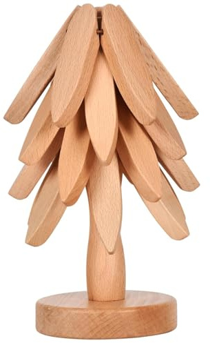 Takingup 4Pcs Tree Coasters, Wooden Trivets for Hot Dishes with Stand, Foldable Non Slip Hot Plate Mat, Reusable Trivets for Dishes/Pot/Bowl/Teapot/Pans, Original Wood for