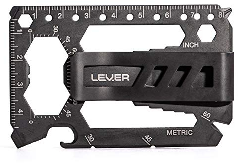 Lever Gear Toolcard Pro con Clip para Billetes - Multi-herramienta 40 en 1 en formato de tarjeta de crédito. Multi Herramienta de Cartera Elegante Minimalista de Acero Inoxidable – Color Negro