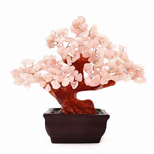 Colorsheng Natürlicher Rosenquarz Kristall baum Bonsai-Stil Dekoration für Glück und Reichtum (Pink)