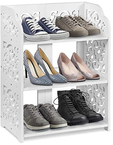 Schuhregal 3 Etagen, Ausgehöhltes Schuhregal, Aufbewahrungsregal Holz Schuhablage Schuhschrank Ständer Barock Stil für Flur Eingang weiß Badezimmer(3 Schichten)