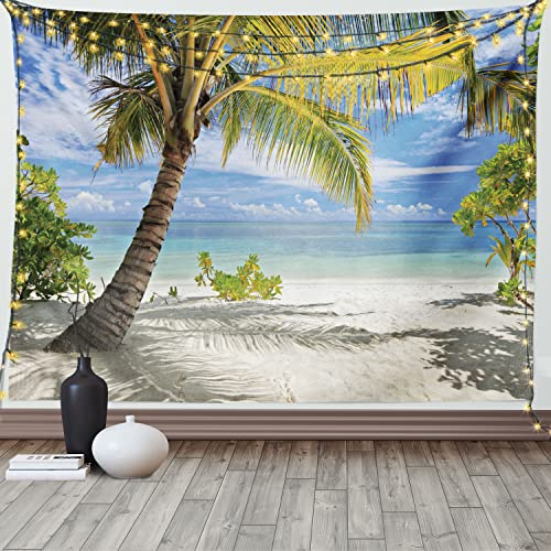 ABAKUHAUS Tropisch Wandteppich, Palmen Küste, Wohnzimmer Schlafzimmer Heim Seidiges Satin Wandteppich, 200 x 150 cm, Kokosnuss und Blau