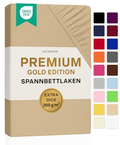 Jacobson Premium Spannbettlaken 200 g/m² Jersey Baumwolle mit Elasthan (180x200-200x200 cm, Beige)