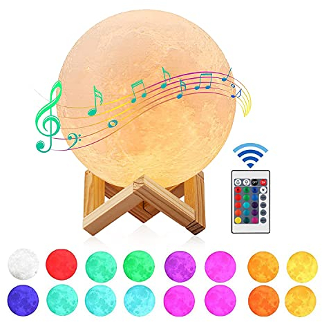 Gemmac Lampara Luna con Altavoz Bluetooth, 16 Colores Luz de Luna Lámpara 3D Táctil Lámpara de Luna LED 15 cm Carga USB Luz de Noche de Luna con Control Remoto para Bebé Niños Regalo Decoración
