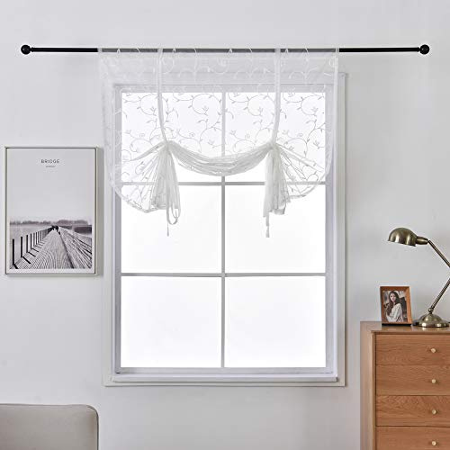 SMITHOOM 1 Stück Raffrollo Voile Exquisit Rattan Stickerei Transparente Vorhänge Tulle Gardinen für Küche Badezimmer Balkon Weiß 100x120cm