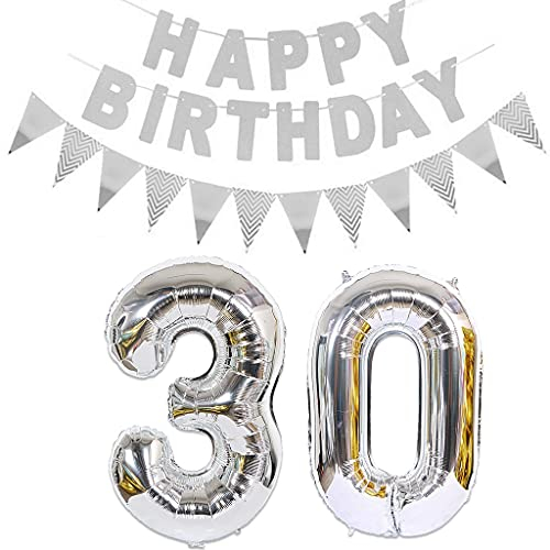 Luftballons Zahl 30 Silber + Happy Birthday Girlande + banner Folienballon 30.Geburtstags deko frau mann ballons 30 Jahre Geburtstag deko frauen Zahlenballon 30 Geburtstag dekoration Männer frau(30)