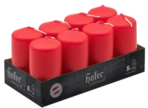 Hofer - Säulenkerzen - 4,5 x 9 cm - Set mit 8 kleinen zylindrischen Dekorkerzen - Farbe Rot - Lange Lebensdauer von 15 Stunden - Tropffreies Wachs - nicht parfümier,Hergestellt in Österreich
