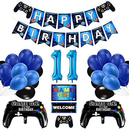 Geburtstag 11 Junge, Gaming Dekoration Luftballons, Controller-Ballons und blau-schwarze Ballons, HAPPY BIRTHDAY GAMEN ON WELCOME Banner Videospiel Party Dekoration für Kinder
