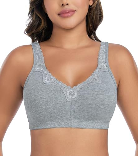 DotVol Women's Lace Cotton Comfort Plus Size Full Cup Minimizer Non Foam Wireless Bra(UK 44DD,EU 100E,Grey)