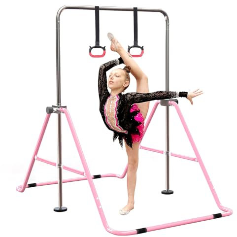 FBSPORT Gymnastics Bars, Horizontal Bar Expandable Gymnastics Kids Bar Folding Bar Junior Training Bar Multifunction Gym Training Equipment Home Training Adjustable Height Kip Bar (Pink)
