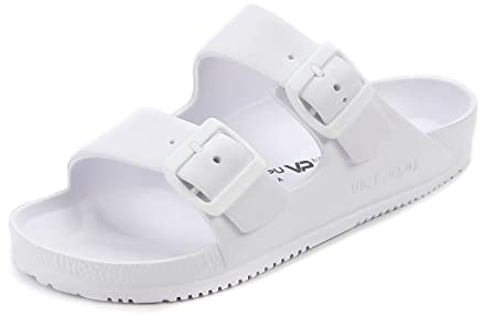 VICT POPU Pantoletten Damen mit Fussbett Sandalen Flach Rutschfest Sommer Badelatschen Lässig EVA Slides Erwachsene Schlappen Weiß 39