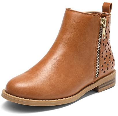 DREAM PAIRS Stivaletti con Cerniera Laterale e Tacco Basso Stivali da Equitazione a Metà Polpaccio per Bambine/Bambini,Size 28.5,Marrone Chiaro/Pu,SDBO2221K