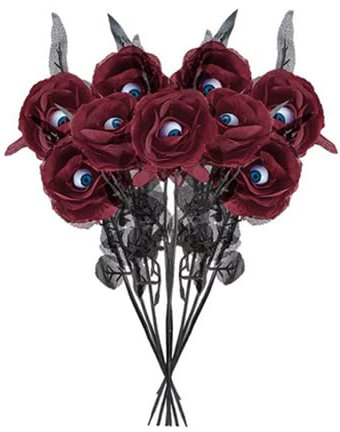 NatureMan Confezione da 10 rose artificiali nere per Halloween, con bulbi oculari, in finta seta, per feste di Halloween, decorazione per la casa e matrimoni (rosso) 41 cm