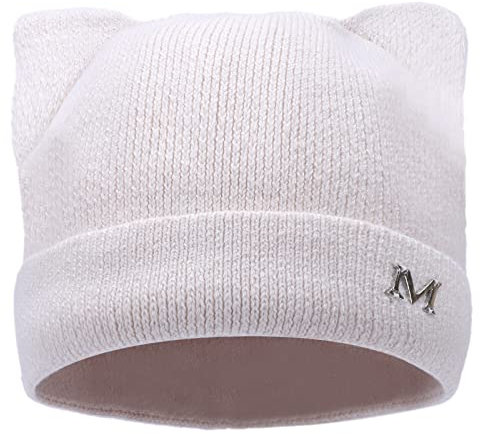 LUCKYBUNNY Mütze mit Katzenohren für Damen und Mädchen, Herbst und Winter, Strickmanschette, Hip-Hop-Beanie, Mütze, Häkel-Skimütze, Weiss/opulenter Garten, Einheitsgröße