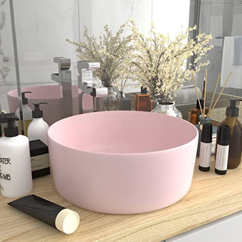 HOMIUSE Lavabo Rond de Luxe Rose Mat 40x15 CM CéRamique Vasque à Poser Salle de Bain Lavabo Salle de Bain Lavabo Wc Lave-Mains éVier-Lavabo à Poser Sur Meuble Moderne Lavabo sur Table Rond